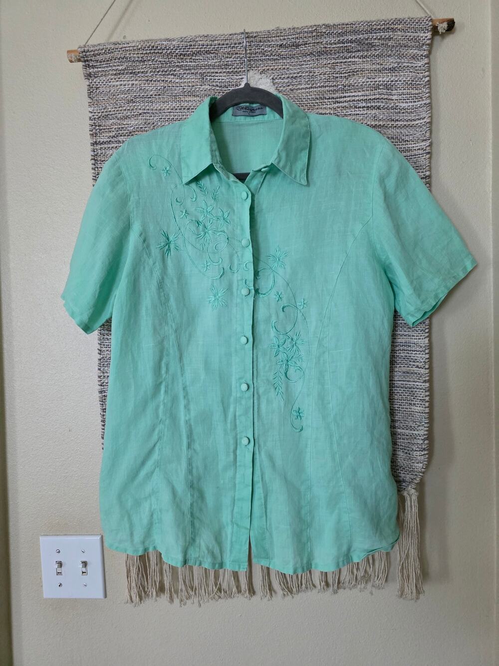 Vintage 100% Linen Blouse Women's Large western Embroidered Button Front Shirt